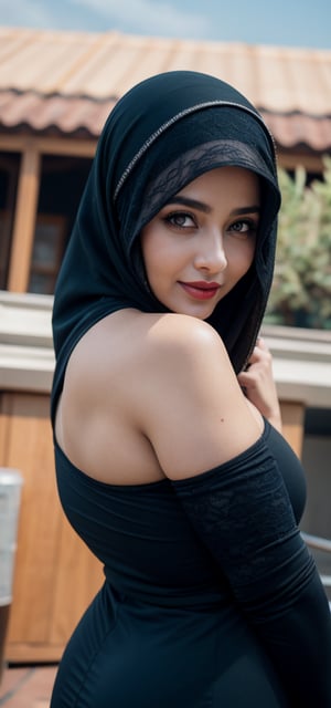 (masterpiece, best quality, ultra-detailed, 8K),high detail, realisitc detailed, a beautiful young mature arabic women slight fat curvy body with long flowy black hair over shoulders in the dark, weraing a full tight ample openly outfit, blue eyes, pale soft skin, kind smile, glossy lips, a serene and contemplative mood, setting on the top of the hotel roof,red lips,hd makeup,veil