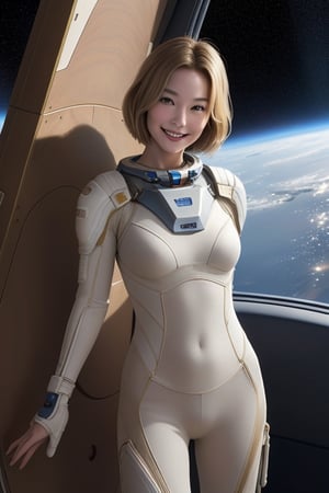 top-quality、​masterpiece、high resolution、(realisitic:1.4)、1 Beautiful Women、Beautiful detail eyes and skin、smile、Light brown long hair、The perfect spacesuit、spaceships、Inside the spacecraft、macrocosm、,Japanese. Short Blonde Hair,chinatsumura