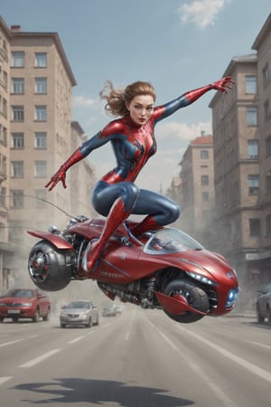 Masterpiece , realistic, high resolution, 1 russian lady,  beautiful, wear cyborg suit ,riding a spider speed car like spiderman..flying at street. 