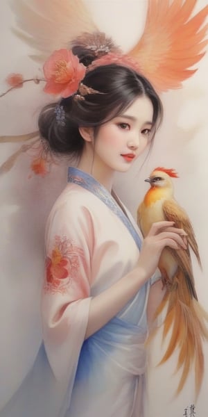 Masterpiece  ,realistic,top quality, best, official art, 1 chinese lady and chinese phoenix bird. 
(fenghuang),,watercolor,Chinese girl 