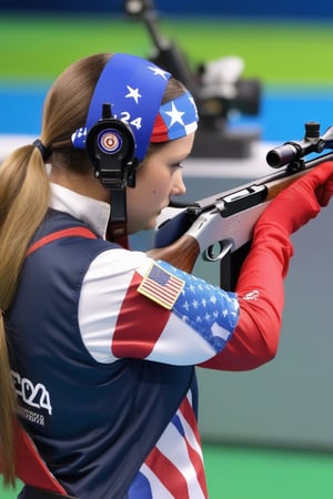 Masterpiece, 1 female pistol air rifle athlete, from american, (air rifle),   competition at olympic paris 2024, Olympic spirit. 