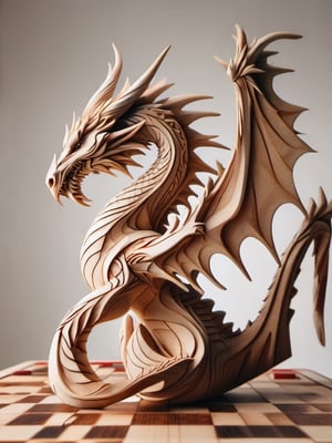 woodfigurez, chessboard, amazing looking wooden dragon, (painted with varnish colors:1.2), artistic style , white simple background, 