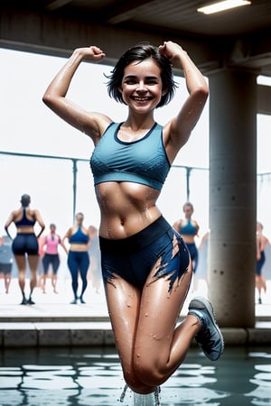  1girl in, (Well-formed face), (Ideal ratio body proportions), at eifel france, Sunnyday, ((Open leg jump)), (((sports wear))), ((Jersey on upper body)), (((Sportsbra)), Wet, Torn clothing, Smiling smile, de pele branca, A slender, Dark hair, short-hair, beauty legs, Small buttocks, surrealism, Cinematic lighting, depth of fields, One-person viewpoint, F/1.8, 135 mm, canon, nffsw, masutepiece, ccurate, Anatomically correct, Textured skin, Super Detail, high details, High quality, awardwinning, Best Quality, hight resolution, 1080p, 4K, 8K