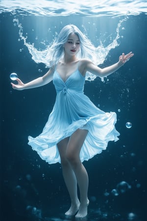 Full Body Shot, (Abstract Art),  (Soft light, soft glow), 1girl in, Silver long hair, Dark eyes, Perfect Skin, Perfect face, Wear Light-Blue Dress, Wet dress, Night, A sexy,  look at viewer, (A powerful water ball in her hand, water and thunder whirling around ball), tranquil atmosphere,liquids, Floating in the sea,Satisfied face, (Water heavy whirling around girl, around hands and body, splash)