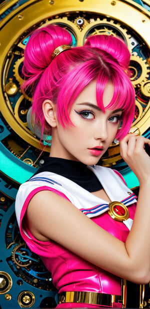 Masterpiece ,(Neon),Circuit Board,(1girl:1.3),(Beautiful Girl:1.2),(Sailor Moon Fighting),(Short red messy hair),kaleidoscope,(Cyberpunk),Steampunk,Dieselpunk and clockpunk,kaleidoscope in hot pink,(Made of shiny gold plated and shiny silver plated),Broken sparkling colored gemstoneixed Art,Mixed Art,Fractal Art,Zentangle Art,Design Art,Wonderful and mysterious,Fantasy World Pictures,A diverse visual style that incorporates a variety of artistic elements,Includes glittery rainbow pastels and bright colors,Best quality,very good,8k,absurd,Extremely detailed