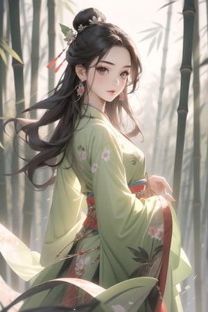 1girl,hair bun,bamboo forest,chinese clothes,hair ornament,long sleeves,black hair,long hair,earrings,jewelry,green dress,half body,potrait, potraiture, masterpiece,best quality,ultra-detailed,chinatsumura,Young beauty spirit 