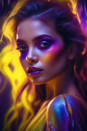 ~*~Breathtaking~*~ cinematic realistic close-up shot in a movie scene, vibrant colors, highly detailed, presented in cinemascope, creating a moody atmosphere.
beauty portrait displaying colorful makeup on a girl, in the style of translucent immersion, solarizing master, yellow and purple, colorful mindscapes, juxtaposed hues, luminous, 