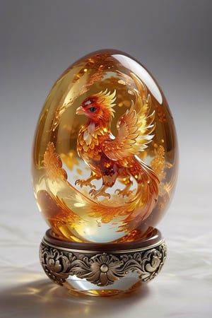Masterpiece, realistic, high resolution,
One egg made of transparent amber, crystal clear, inside is a sealed baby phoenix cub, surrounded by the power of flame.