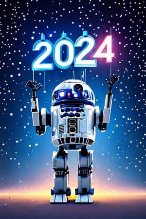 AiArtV, Happy New Year 2024, New Year 2024,  solo, blue eyes, holding, standing, full body, english text, no humans, glowing, star wars robot, sign ,2024, template, background
