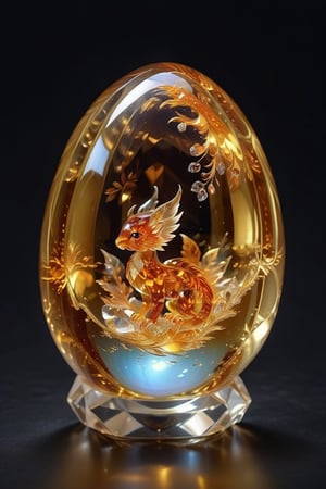 Masterpiece, realistic, high resolution,
One egg made of transparent amber, crystal clear, inside is a crystall diamond,  surrounded by the power of flame.