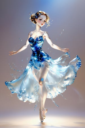 One girl with beauty figure , transparent, flickering, dancing, warm, bright, illuminating eyes, blue background, aquarelle