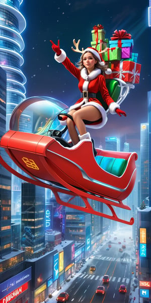 Santa girl flying through a futuristic cityscape where airborne cars zip around,Picture Santa girl in a technologically advanced sleigh, perhaps anti-gravity propelled, soaring amid skyscrapers adorned with holographic displays. Santa girl should be surrounded by a swirl of high-tech presents, navigating the futuristic city to deliver gifts. Incorporate a blend of advanced architecture, neon lights, and a sense of bustling innovation to capture the essence of a future city during the holiday season,reindeer_sleigh,dashataran