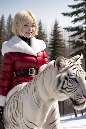 A very dynamic scene. A huge white tigers rides a beauty Eskimo girl of 20 years old on its back. The girl is beauty, very cheerful and laughs widely and waves her hands affably. The girl is dressed in santa cowtume. a closeup of a. a lot of details. Cartoon style Disney Pixar. super realistic. Cinematic. Motion-blurred background of coniferous winter forest. Light haze.,Japanese. Short Blonde Hair