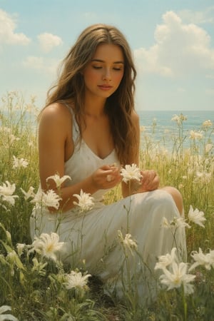 Masterpiece, Painting a field of lilies. A woman with a white dress and long brown hair. She is picking lilies of the seashore.(( while Jesus Christ sits next to her watching)).