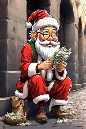 Miyazaki cartoon style, 1 santa clause,   full body, sitting at sidewalk, open hat,  act like a beggar,  say : give me food, hat on the ground with some money in it ,PECaricature,aesthetic portrait
