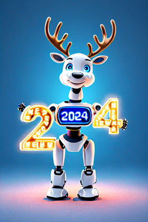 AiArtV, Happy New Year 2024, New Year 2024,  solo, blue eyes, holding, standing, full body, english text, no humans, glowing, robot reindeer, sign ,((2 4)), template, background