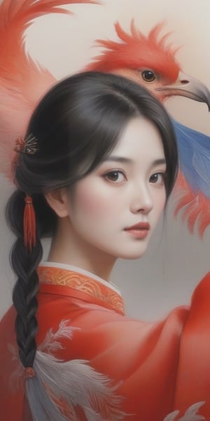 Masterpiece , nsfw  ,realistic,top quality, best, official art, 1 chinese lady and chinese phoenix bird. 
(fenghuang),,watercolor,Chinese girl ,watercolor \(medium\),Sharp eyes 