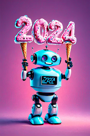 AiArtV, Happy New Year 2024, New Year 2024,  solo, blue eyes, holding, standing, full body, english text, no humans, glowing, robot ice cream, sign ,((2024)), template, background