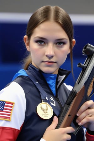 Masterpiece, 1 female pistol air rifle athlete, from american, (air rifle),   competition at olympic paris 2024, Olympic spirit. 