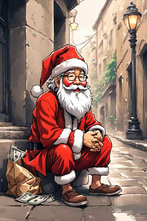 Miyazaki cartoon style, 1 santa clause,   full body, sitting at sidewalk, open hat,  act like a beggar,  say : give me food, hat on the ground with some money in it ,PECaricature,aesthetic portrait