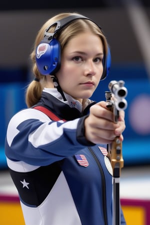 Masterpiece, 1 female pistol air rifle athlete, from american, (air rifle),   competition at olympic paris 2024, Olympic spirit. 