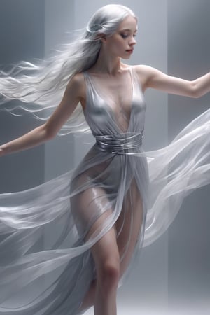 Best quality, master works, HD, 8k, 20 year old woman, dancing body, translucent clothes, flowing bands, super beautiful face, super beautiful eyes, super beautiful hair, silver hair, detailed skin, physical reflections, in ethereal minimalist style, ethereal illustrations, Philip McKay, multi-layered