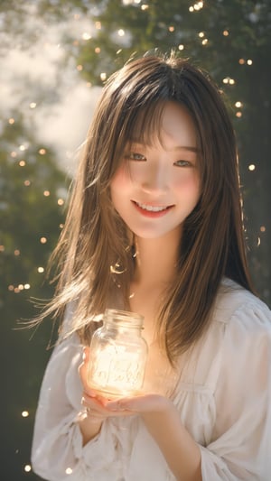 Masterpiece, Best Quality, highres, 1girl, A girl dressed in a simple white dress leans in close to a jar filled with fireflies, mesmerized by their gentle glow. Her smile is soft and genuine, reflecting the magic of the night.
,Realism,Detailedface,Portrait,Raw photo