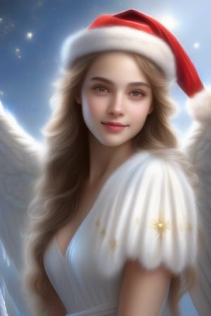 best quality, masterpiece:1.2, photorealistic:1.4, highly detailed), a portrait of 1 beautiful girl like an angel, full body, representing celestial beauty, detailed angel wings, wear red santa hat, glowing holy light, sharp-focus, (slightly smiling), realistic detailed skin texture, high resolution, masterpiece, very realistic, An angel ,