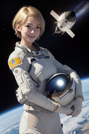 top-quality、​masterpiece、high resolution、(realisitic:1.4)、1 Beautiful Women、Beautiful detail eyes and skin、smile、Light brown short-cut hair、The perfect spacesuit、spaceships、Inside the spacecraft、macrocosm、,Japanese. Short Blonde Hair