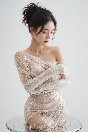 Masterpiece, realistic, A cake sculpture of a crouching woman wearing a white sexy dress. there is ice and snow frosting, and vibrant iridescent decorations, very delicious cake with decoration, simple white background.