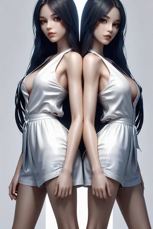 fashion photography portrait of 2 girl back to back, front body, long hair, beautiful silhouette, low key, (photorealistic, raw photo:1.2), (natural skin texture, realistic eye and face details), hyperrealism, Best quality, masterpiece