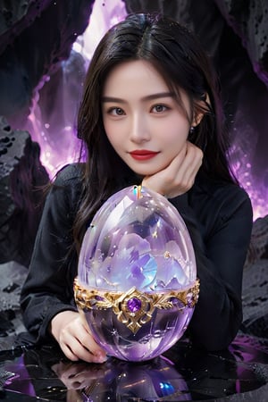 Masterpiece, realistic, high resolution, one woman, beautiful,  sit at one   crystal egg with silver and gold metal decoration ,  placed on black lava、Dark cave background with purple ambient light、Extremely colorful,sexy asian