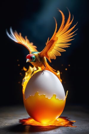Masterpiece, realistic,, one chinese fire phoenix fly out from  (a crack and break translucent egg),  full body ,stunning beauty, hyper-realistic oil painting, vibrant colors, dark chiarascuro lighting, a telephoto shot, 1000mm lens, f2,8,Vogue,more detail