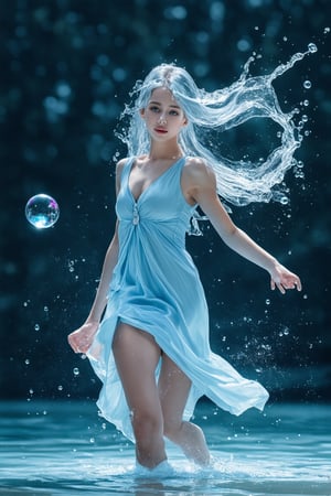 Full Body Shot, (Abstract Art),  (Soft light, soft glow), 1girl in, Silver long hair, Dark eyes, Perfect Skin, Perfect face, Wear Light-Blue Dress, Wet dress, Night, A sexy,  look at viewer, (A powerful water ball in her hand, water and thunder whirling around ball), tranquil atmosphere,liquids, Floating in the sea,Satisfied face, (Water heavy whirling around girl, around hands and body, splash)