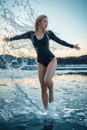 (Line Brems), a  Danish teen model, half body shot, white skin, runners slim body, blonde hair, blue eyes, angular face and extraordinary bold brows,  in a swim suit, waiting to jump into a Danish frozen lake, dynamic pose, 8K, ultra high res.photorealistic, UHD, RAW, DSLR, Nordic lighting, winter Danish lake, cold, ice snow, dynamic angle