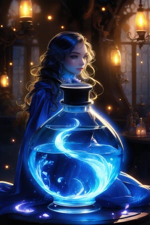 A photorealistic magic potion, blue, glowing, masterpiece, highly detailed, at uper bottle one beautiful lady sitting.