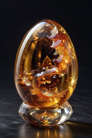 Masterpiece, realistic, high resolution,
One egg made of transparent amber, crystal clear, inside is a crystall smoke,  surrounded by the power of flame.