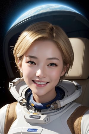 top-quality、​masterpiece、high resolution、(realisitic:1.4)、1 Beautiful Women、Beautiful detail eyes and skin、smile、Light brown short-cut hair、The perfect spacesuit、spaceships、Inside the spacecraft、macrocosm、,Japanese. Short Blonde Hair