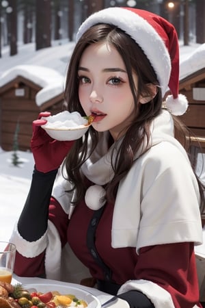 Materpiece , realistic 1 girl, beaitiful, Eating a Christmas feast on a snowy mountain.,sivir