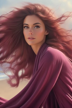 (Stunningly beautiful woman, dark magenta soft long hair, flexible waist, gentle breeze), (photorealistic:1.4), detailed texture, high quality, high resolution, high precision, realism, color Correction, proper lighting settings, harmonious composition, Behance work