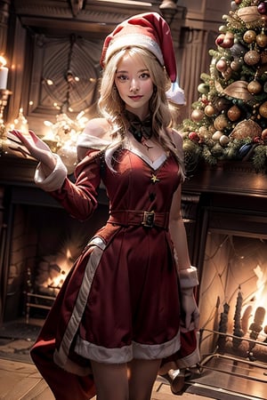((masterpiece)), ((best quality)), (ultra-detailed), ((extremely delicate)), (perfect lighting), ((8k)), (dynamic angle), perfect body, beautiful woman, standing next to a fireplace, snow oon window, Christmas decorations, blonde hair, solo, (red santa dress), santa hat, (black heellue eyes, looking at viewer,small breasts, (intricate details hyperdetailed:1.15), standing in front of a fireplace, christmas tree, act like magician, perfect,