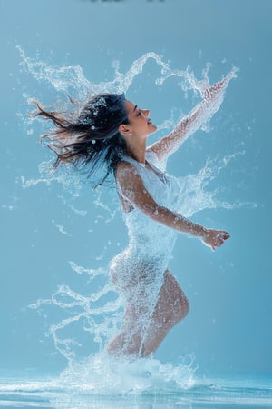 photo of a woman made of water,dancing in the water,covered with water particles,water splashing face,flowing water,covered with water,hair ends with water stream,water explosion,water splashes,