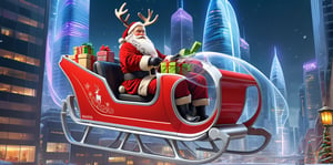 Santa girl flying through a futuristic cityscape where airborne cars zip around,Picture Santa in a technologically advanced sleigh, perhaps anti-gravity propelled, soaring amid skyscrapers adorned with holographic displays. Santa should be surrounded by a swirl of high-tech presents, navigating the futuristic city to deliver gifts. Incorporate a blend of advanced architecture, neon lights, and a sense of bustling innovation to capture the essence of a future city during the holiday season,reindeer_sleigh