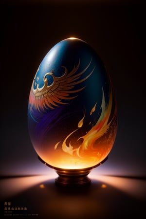 masterpiece , realistic,, one chinese fire phoenix inside a translucent egg, full body ,stunning beauty, hyper-realistic oil painting, vibrant colors, dark chiarascuro lighting, a telephoto shot, 1000mm lens, f2,8,Vogue,more detail XL, ,easter