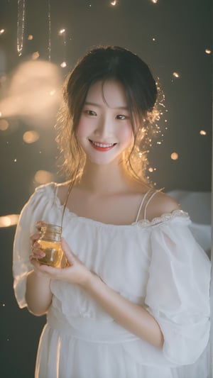 Masterpiece, Best Quality, highres, 1girl, A girl dressed in a simple white dress leans in close to a jar filled with fireflies, mesmerized by their gentle glow. Her smile is soft and genuine, reflecting the magic of the night.
,Realism,Detailedface,Portrait,Raw photo