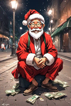 Miyazaki cartoon style, 1 santa clause,   full body, sitting at sidewalk, open hat,  act like a beggar,  say : give me food, hat on the ground with some money in it ,PECaricature,aesthetic portrait