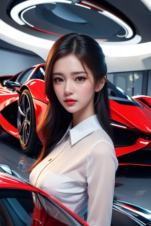 Masterpiece, high redolution, photorealistic of one beautiful girl , elegance, potraiture, half body,  At background one futuristic sport car. 