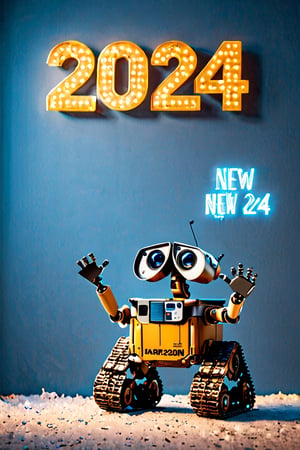 AiArtV, Happy New Year 2024, New Year 2024,  solo, blue eyes, holding, standing, full body, english text, no humans, glowing, wall-e robot, sign ,((2024)), template, background