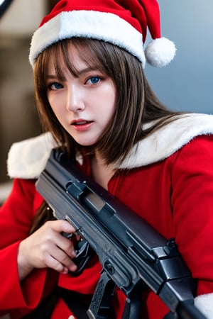 Masterpiece, 4K, Photorealsitic　Raw photography　top-quality;1.4) 　(One adult woman)　Super beauty　(Lifelike face)　Woman wearing red  santa costime , red army costume　Realistic shootout scenes, Glaring at her with blonde hair and blue eyes　assassin　enticing　Beautiful expression　超A high resolution　A hyper-realistic　real looking skin　Precise details of the AK. Warzone background, Jumpy, photorealistic, gun, shoot with gun, ,gun