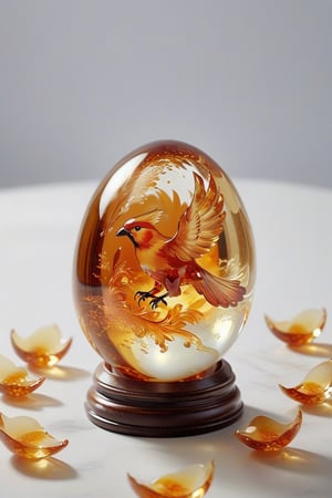 Masterpiece, realistic, high resolution,
One egg made of transparent amber, crystal clear, one big  phoenix fly from inside egg, (break the egg),   surrounded by the power of flame.
